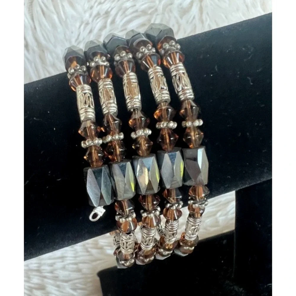 Magnetic Wrap Bracelet Brown Glass Beaded Multi Strand‎ Bronze Black Earthy